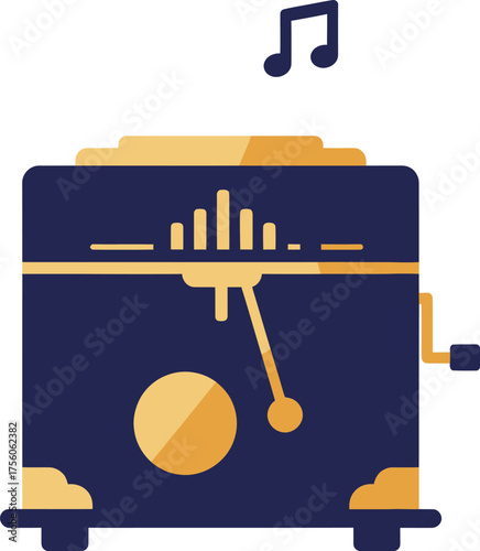 A retro radio broadcasts tunes with its distinctive dial and a music note.