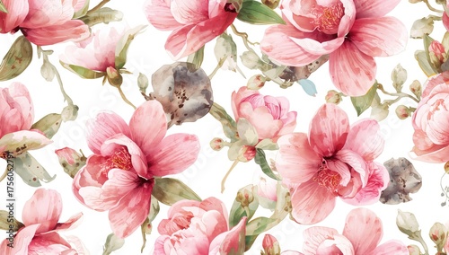 Fototapeta Naklejka Na Ścianę i Meble -  Seamless floral design featuring watercolor magnolias, cherry blossoms, and peonies