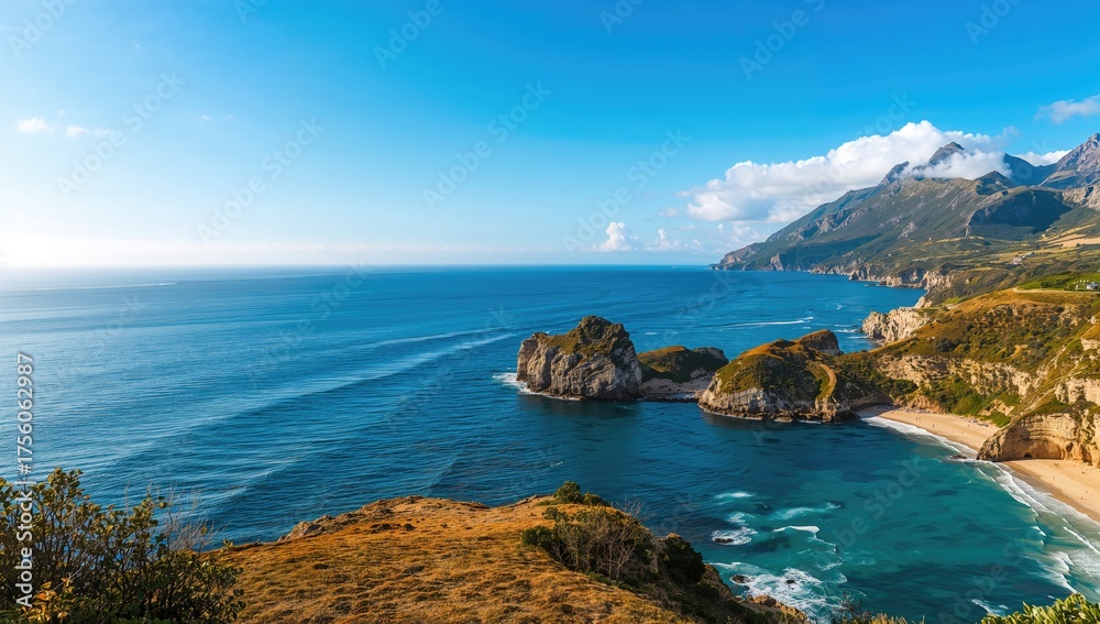 Fototapeta premium Stunning rugged shoreline with bays nestled among rocks and vibrant turquoise waters. Seascape view.