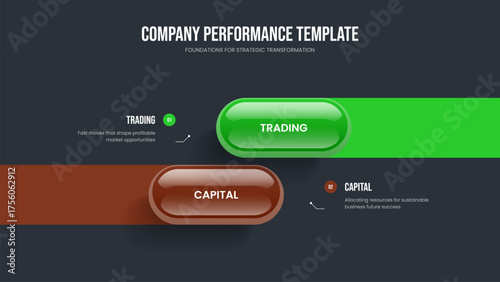 Enterprise Visualization Two Step Diagram Slide Layout. Marketing Campaign Slideshow Design Vector Illustration. Corporate Analysis 2 Element Infographic Presentation Template.