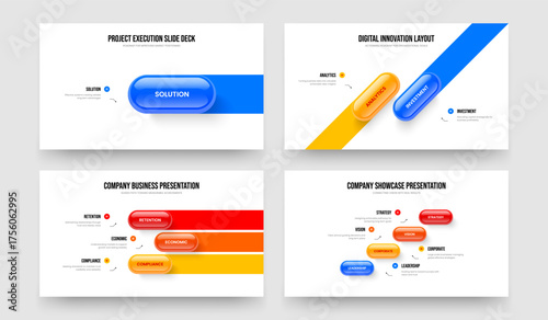 Sales Showcase One Two Three Four Element Infographic Slideshow Design Vector Illustration Set. Modern Proposal 1 2 3 4 Step Diagram Presentation Layout Bundle.
