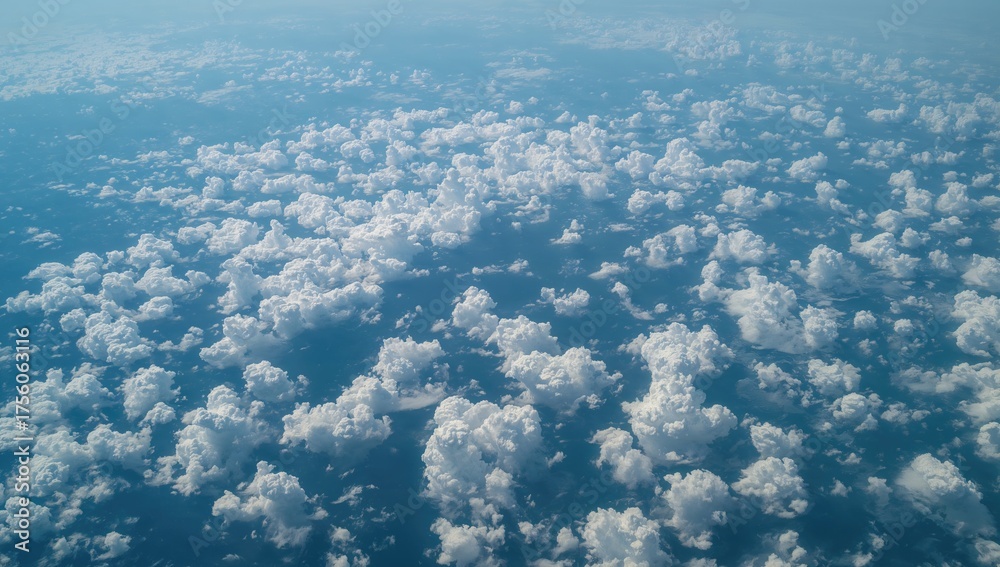 Obraz premium A breathtaking top-down perspective of the sea featuring an extensive spread of soft white clouds dotting the area, providing a striking contrast to the rich blue ocean below.
