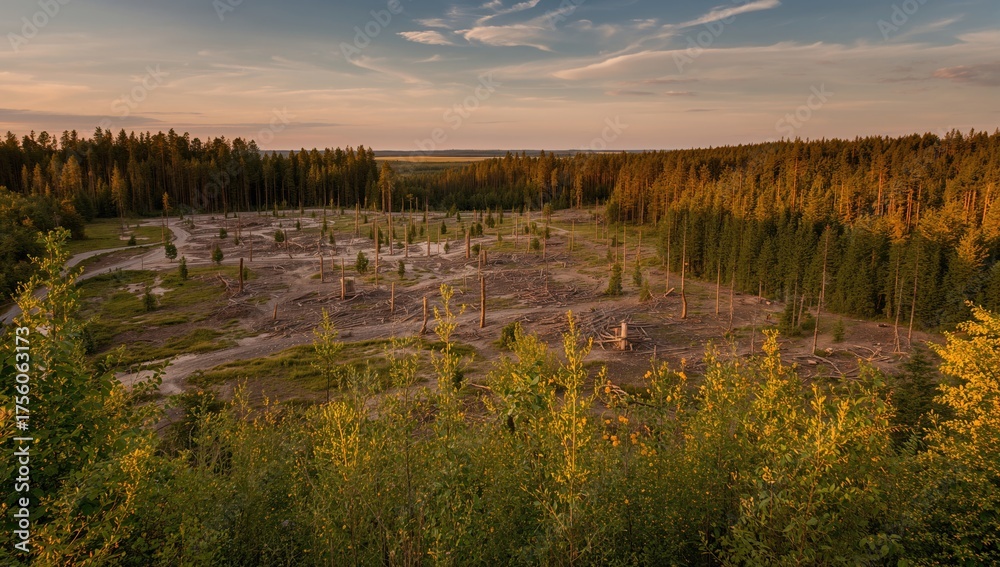 Fototapeta premium Aerial view of a summer evening clear-cut zone featuring scattered seed trees in Northern Europe