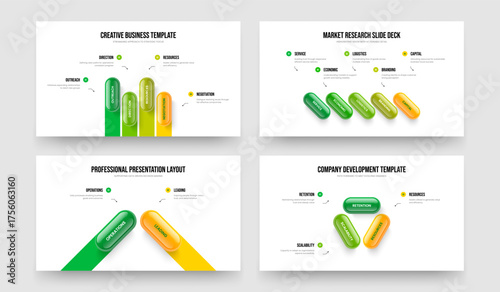 Service Introduction 4 5 2 3 Option Diagram Slide Design Set. Advertising Planning Four Five Two Three Element Infographic Slideshow Layout Vector Illustration Collection.