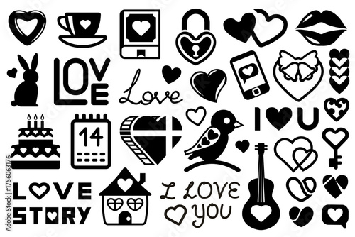 Collection of black and white flat illustrations for lovers or Valentine's day