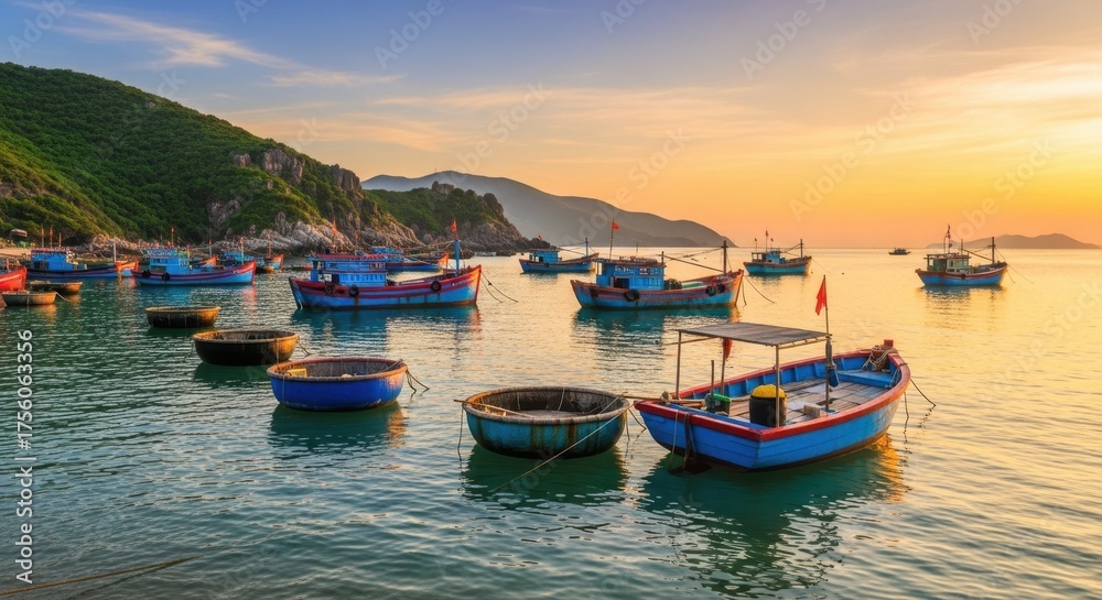 Naklejka premium Colorful fishing boats floating on calm sea at sunrise near Vietnamese coast, traditional round basket boats and scenic mountains in background, peaceful morning seascape