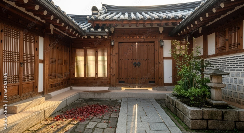 Obraz premium Traditional Korean hanok courtyard with wooden doors, tiled roof and stone path in morning sunlight, peaceful traditional architecture in Seoul, South Korea