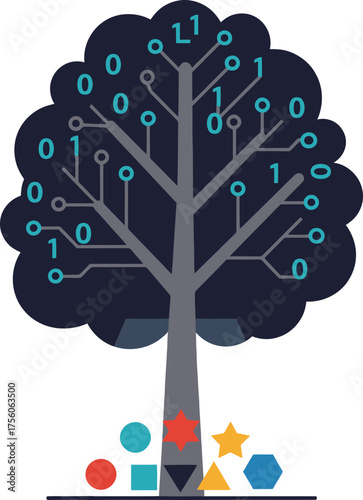 Stylized tree representing technology with binary code and geometric shapes.