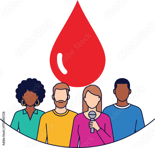 Diverse group promotes blood donation with a symbolic blood drop .