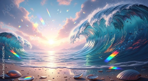 Gigantic waves cresting near beach, colorful light, shells. Warm sunset glow
