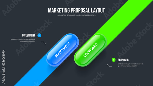 Product Report 2 Step Diagram Frame Design. Business Development Two Element Infographic Slideshow Layout. Modern Analysis Presentation Template Vector Illustration.