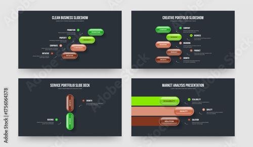 Enterprise Portfolio 4 5 2 3 Element Diagram Slideshow Template Set. Project Growth Four Five Two Three Step Infographic Presentation Layout Vector Illustration Bundle.