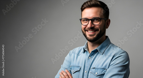 A smiling man with glasses and a denim shirt poses for a professional headshot against a grey background.