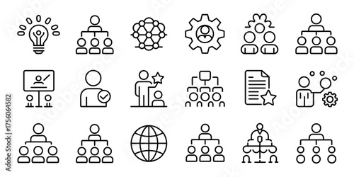 Set of 20 black and white line art icons representing business organization teamwork and strategy