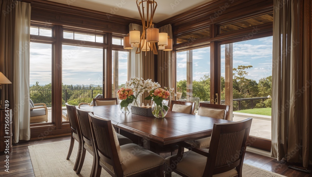 Fototapeta premium Cozy dining space with wooden furniture overlooking a scenic outdoor landscape