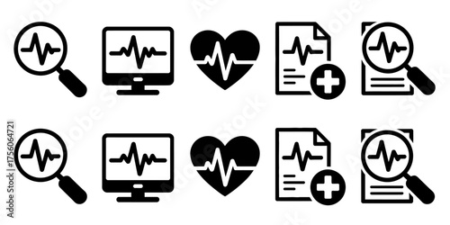 Set of medical icons showing heart rate monitor monitor screen and document analysis