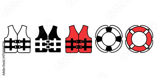 Collection of safety equipment icons including life jackets and lifebuoys for water safety