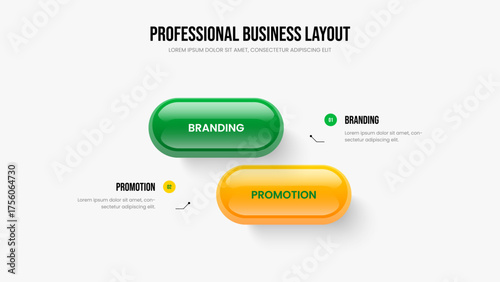 Financial Review 2 Option Diagram Slide Design. Service Portfolio Two Element Infographic Frame Layout. Business Growth Presentation Template Vector Illustration.