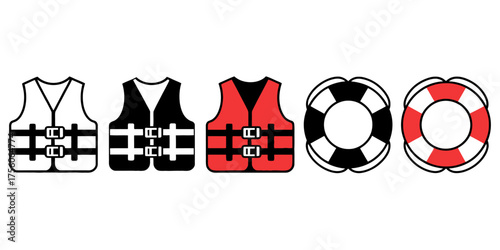 Collection of life vests and lifebuoys safety equipment icons for water activities