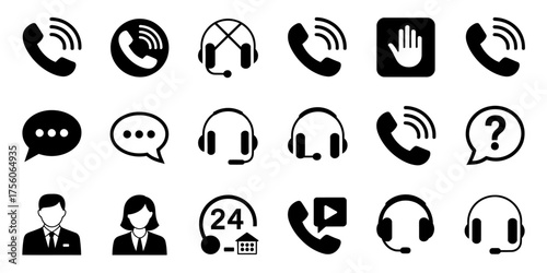 Communication icons set featuring phones headsets chat bubbles people and service symbols