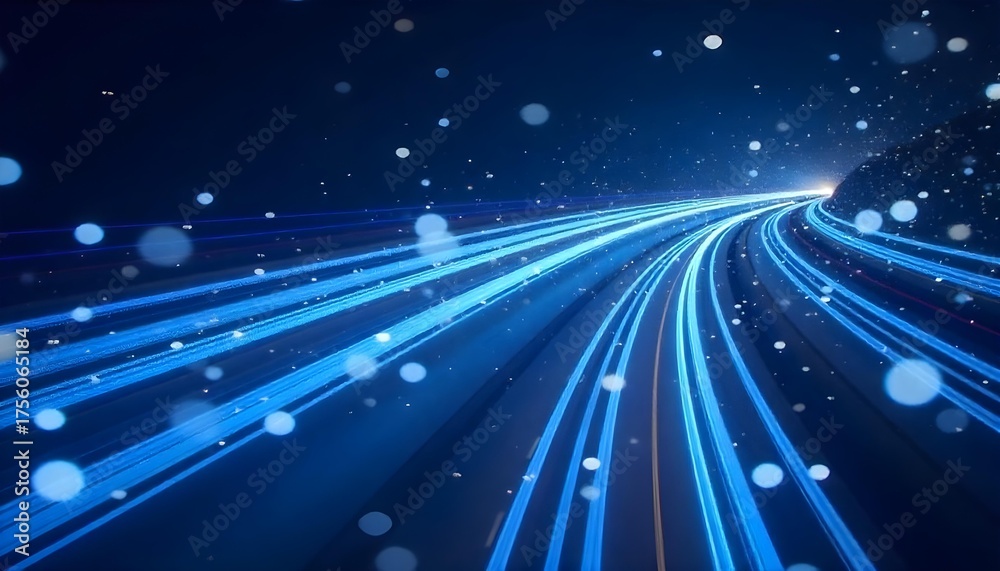 Obraz premium Blue light trails with bokeh effect, creating a sense of speed and movement, against a dark blue background with scattered light points