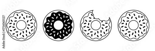 Four stylized donuts one bite taken black and white line art food treats