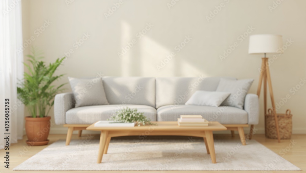 Obraz premium Cozy living space with a soft gray couch, wooden details, and lush green plants creating a bright and stylish atmosphere