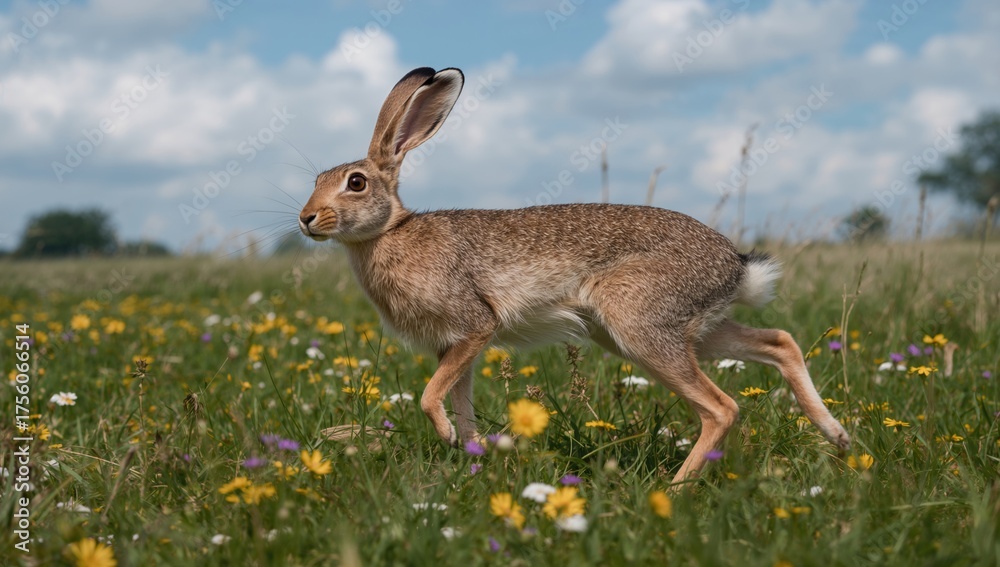 Obraz premium A young brown hare dashes across a rural field, highlighting its striking eyes and vibrant energy.