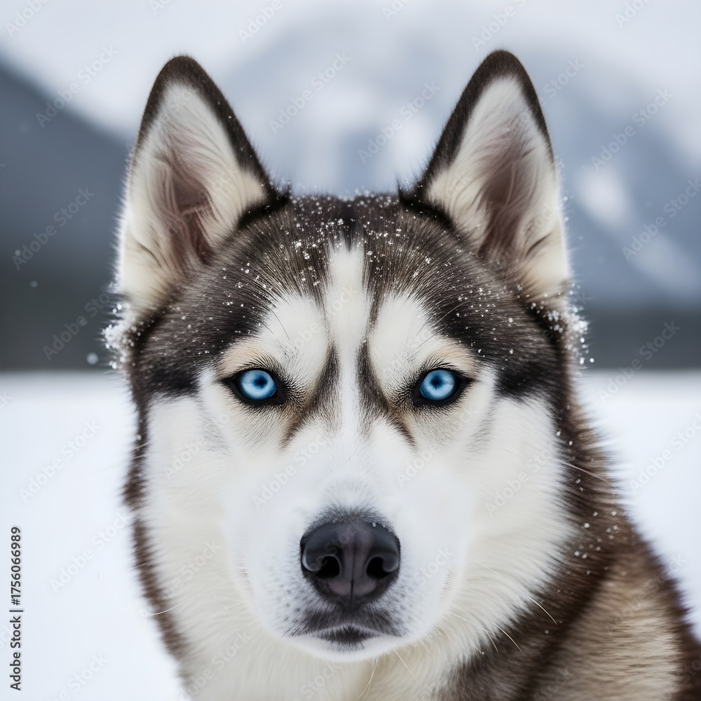 Obraz premium Husky Dog Portrait Stunning close-up of a beautiful Siberian Husky with striking blue eyes, snow
