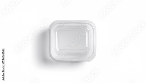 Single-use plastic meal container - overhead shot, isolated on a white backdrop.