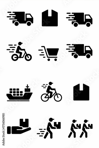 Set of 10 black and white delivery icons featuring trucks bikes ships and packages
