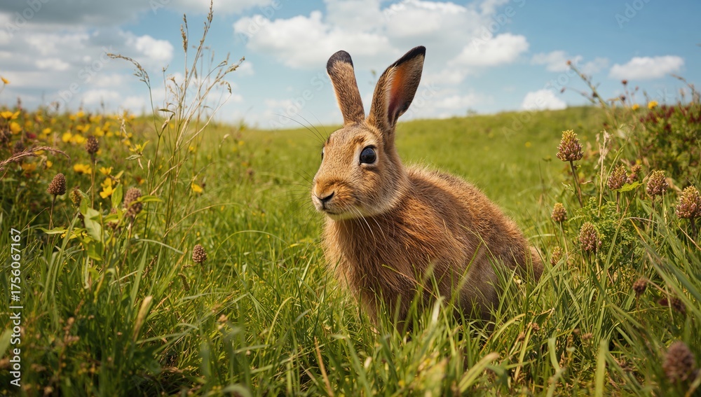 Obraz premium Wild brown hare in a grassy meadow setting