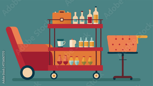 A charming vintage bar cart stocked with bottles and glasses displayed next to a modern velvet armchair.