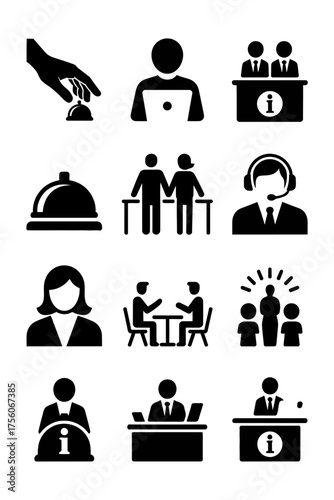 Set of 10 black and white service and business icons representing people and interactions
