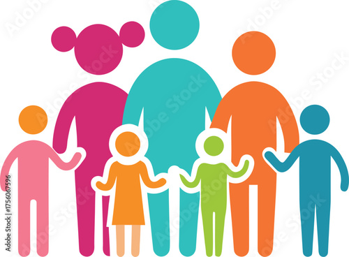 Diverse family group in vibrant colors holding hands and standing together generations family reunion