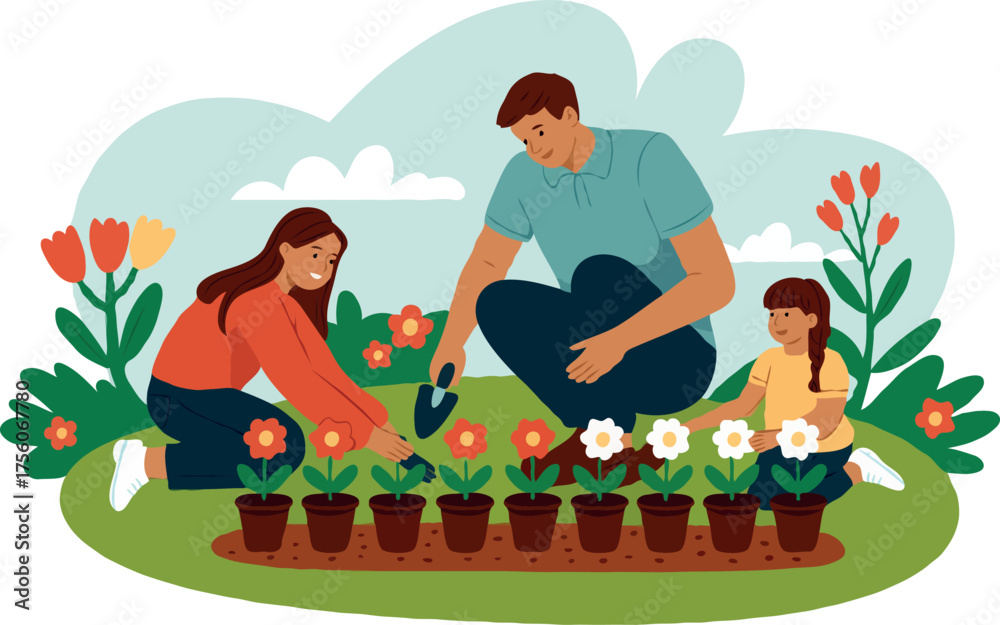 Naklejka premium A family of three planting flowers in pots in a garden with blue sky and clouds generations family reunion