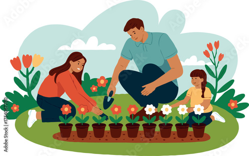 A family of three planting flowers in pots in a garden with blue sky and clouds generations family reunion