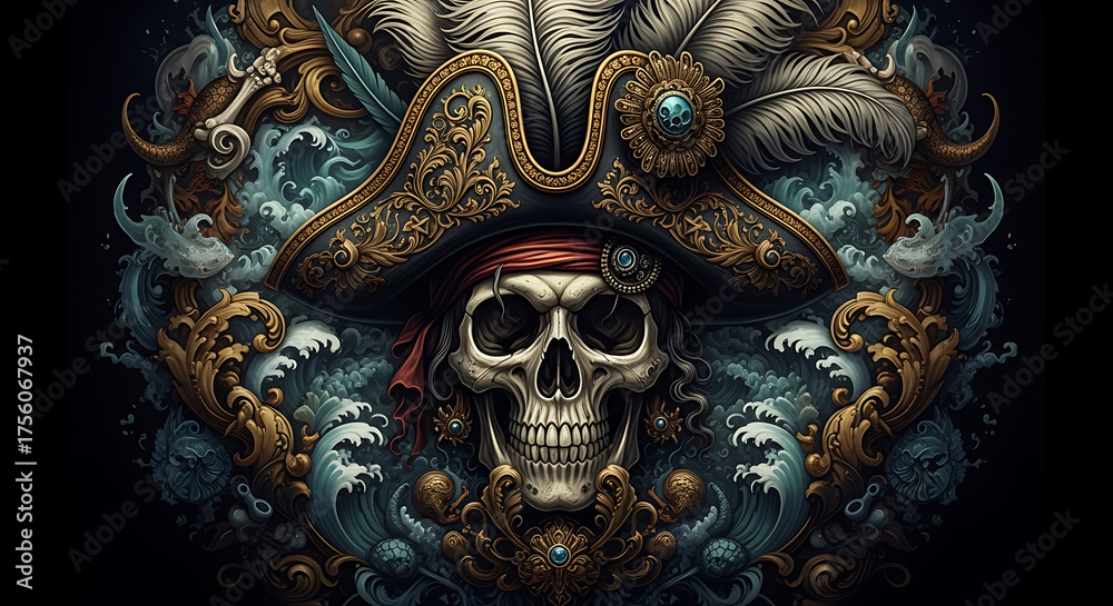 Fototapeta premium Ornate Pirate Skull with Feathers and Swirling Ornaments on Black Background skull and crossbones pirate hat
