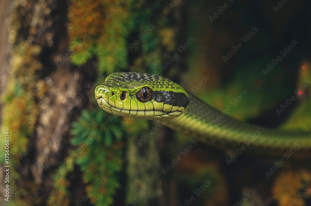 Obraz premium Close-up of a green gonyosoma snake's head observing its surroundings