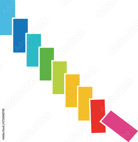 Colorful blocks falling in a domino effect, cascade sequence, chain reaction.