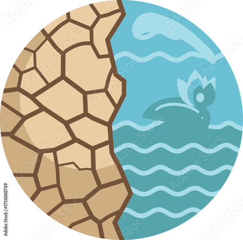 Halved circle showing cracked dry land and blue water with a flower.