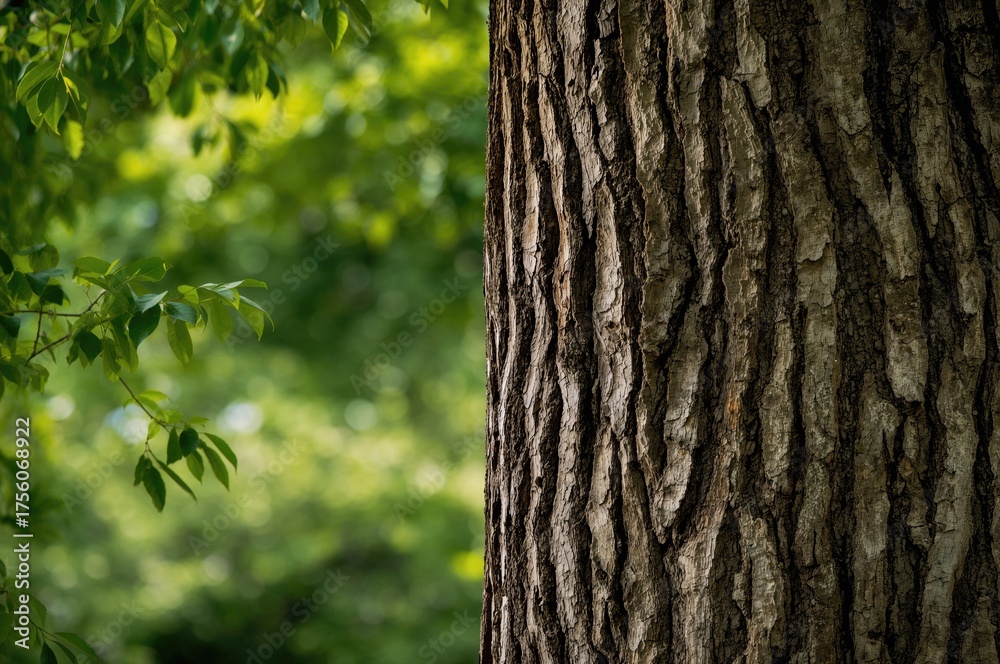 Fototapeta premium Detailed view of a rugged tree bark with surrounding greenery and plants