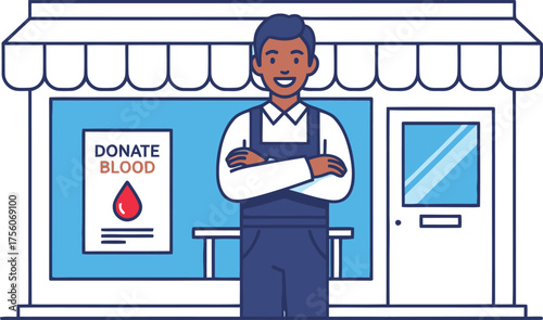 A man stands in front of a store promoting blood donation.