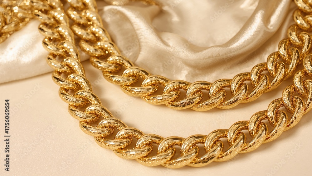Fototapeta premium Detailed view of twin gleaming gold necklaces
