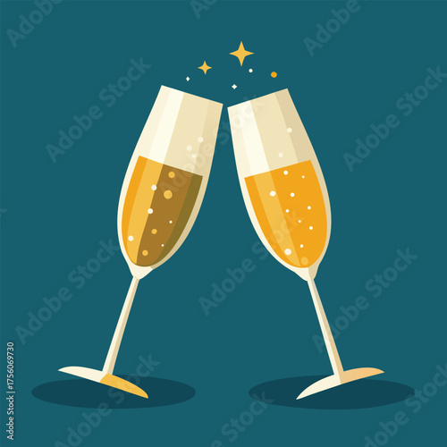 Two elegant champagne flutes clinking together.