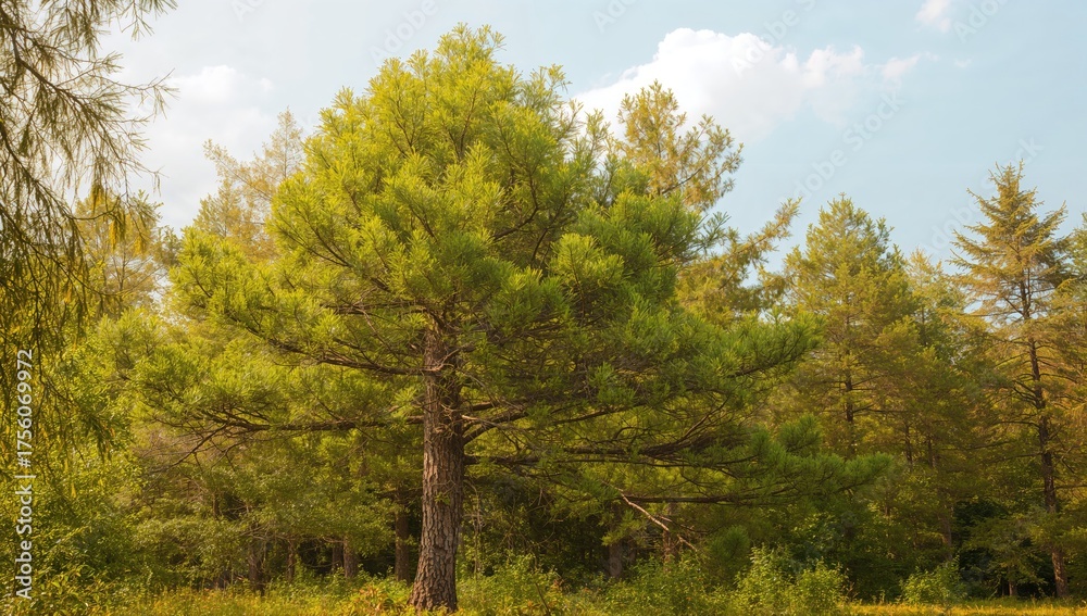 Fototapeta premium A sunny summer afternoon amidst a lush green pine tree and its needles in the woods