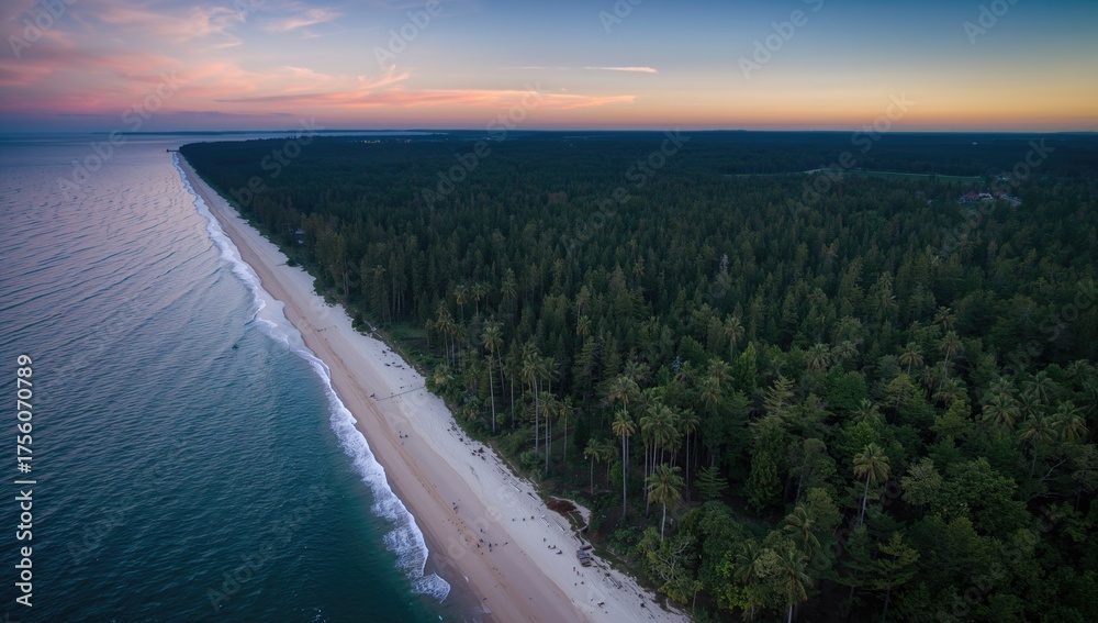Fototapeta premium Aerial perspective of a tranquil shoreline featuring a sandy beach bordered by dense woodland, under a colorful sunset sky.