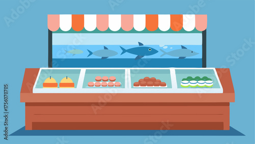 A counter with a variety of fresh seafood displayed on ice and waiting to be cooked to perfection.