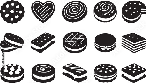 Collection of cookie icons black silhouette set for bakery, dessert, and snack design vector illustration