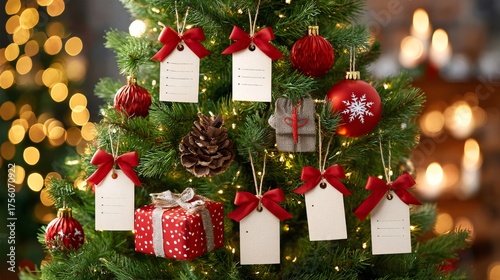 Christmas tree decorated with gift tags and red ornaments